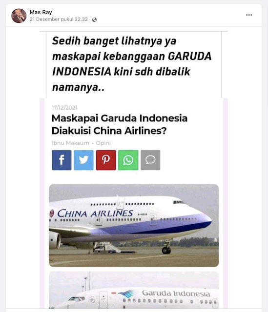 [Cek Fakta] Garuda Indonesia Berganti Nama Menjadi China Airlines? Ini Faktanya