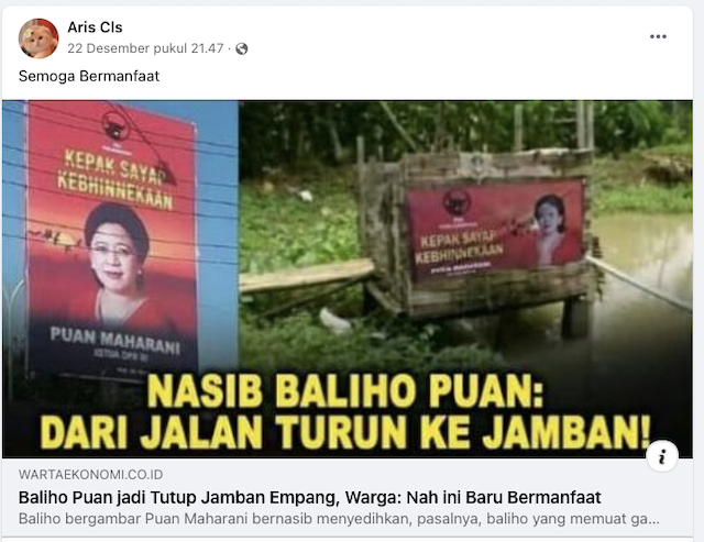 [Cek Fakta] Viral Foto Baliho Puan Jadi Tutup Jamban Hoaks, Begini Fakta Sebenarnya