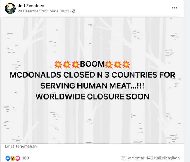 [Cek Fakta] McDonalds Ditutup 3 Negara karena Menggunakan Daging Manusia? Begini Faktanya
