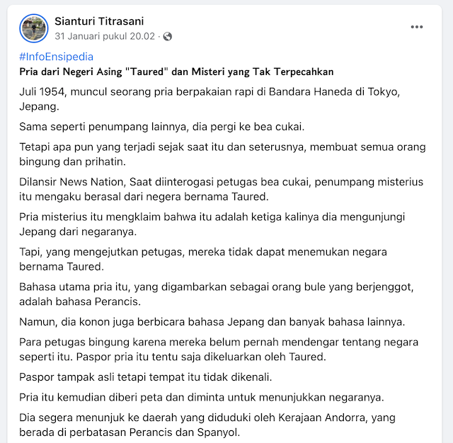 [Cek Fakta] Beredar Kisah Seorang Pria Penjelajah Waktu Asal Taured? Begini Faktanya