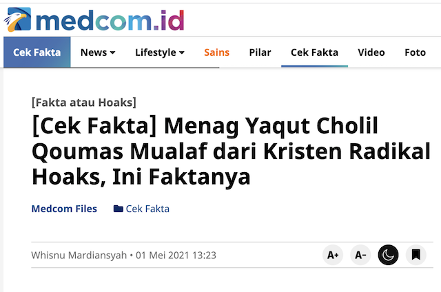 [Cek Fakta] Benarkah Menteri Yaqut Seorang Pendeta dan Bernama Asli Cornelius Yaqhul Misa? Ini Faktanya