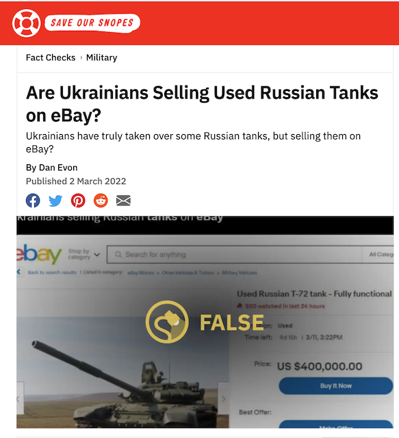 [Cek Fakta] Ukraina Jual Tank Bekas Rusia di Situs Jual Beli Daring? Ini Faktanya