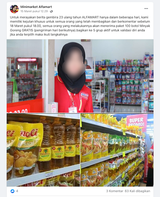 [Cek Fakta] Bantuan 100 Botol Minyak Goreng Gratis dalam Rangka Ulang Tahun ke-23 Alfamart Hoaks