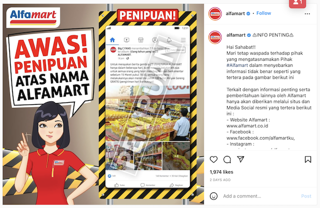 [Cek Fakta] Bantuan 100 Botol Minyak Goreng Gratis dalam Rangka Ulang Tahun ke-23 Alfamart Hoaks