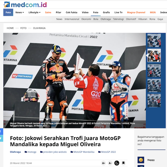 [Cek Fakta] Beredar Foto Jokowi Berikan Minyak Goreng Kemasan ke Juara MotoGP Mandalika Miguel Oliveira? Ini Faktanya