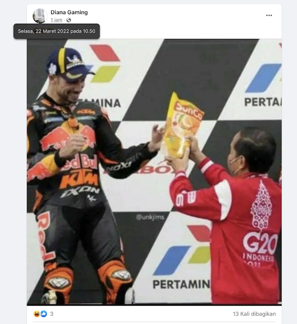 [Cek Fakta] Beredar Foto Jokowi Berikan Minyak Goreng Kemasan ke Juara MotoGP Mandalika Miguel Oliveira? Ini Faktanya