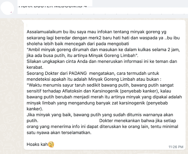 [Cek Fakta] Beredar Pesan Berantai Cara Menguji Keaslian Minyak Goreng dengan Bawang Putih, Benarkah?
