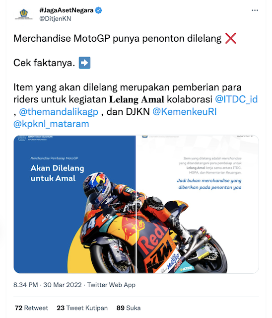 [Cek Fakta] Barang Pemberian Pembalap MotoGP ke Penonton akan Dilelang Kementerian Keuangan? Ini Faktanya