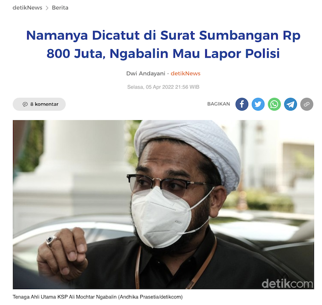 [Cek Fakta] Beredar Surat Ali Mochtar Ngabalin Minta Sumbangan Rp800 Juta ke Wali Kota Cirebon? Ini Faktanya