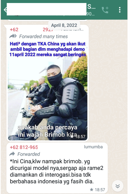 [Cek Fakta] Beredar Foto TKA Tiongkok jadi Brimob yang akan Ikut Bagian Demo 11 April? Ini Faktanya