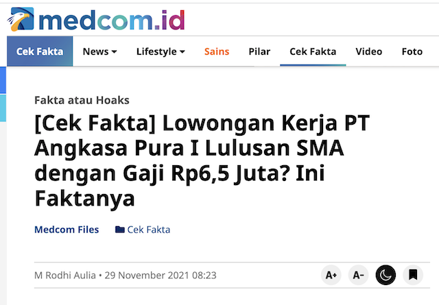 [Cek Fakta] Lowongan Kerja PT Angkasa Pura I dengan Batas Lamaran 25 April 2022? Ini Faktanya
