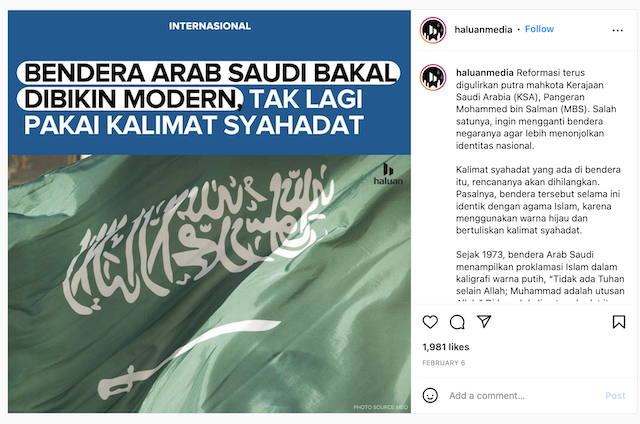 [Cek Fakta] Kalimat Tauhid di Bendera Arab Saudi akan Dihilangkan? Cek Dulu Faktanya
