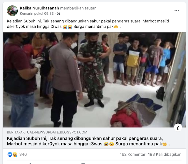 [Cek Fakta] Marbot Masjid Tewas Dikeroyok Massa yang Tak Suka Dibangunkan Sahur Pakai Pengeras Suara? Cek Dulu Faktanya
