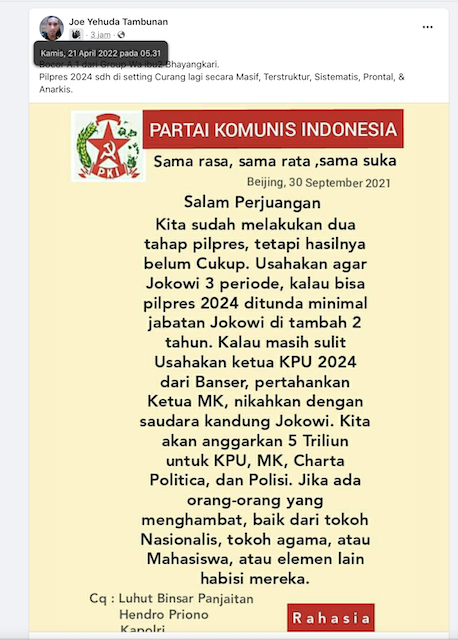 [Cek Fakta] Dari Beijing, PKI Anggarkan Rp5 Triliun demi Muluskan Jokowi 3 Periode? Ini Faktanya