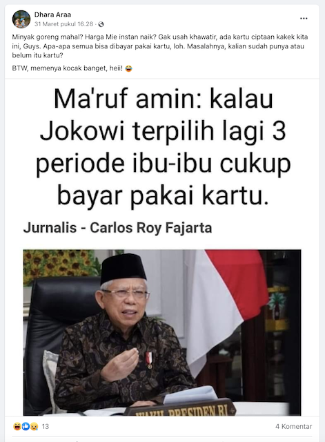 [Cek Fakta] Ma’ruf Amin Sebut Kalau Jokowi Terpilih Lagi 3 Periode Ibu-Ibu Cukup Bayar Pakai Kartu? Cek Faktanya