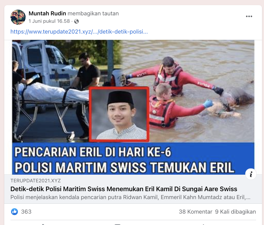 [Cek Fakta] Beredar Foto Polisi Maritim Swiss Temukan Jasad Eril di Sungai Aare? Cek Dulu Faktanya