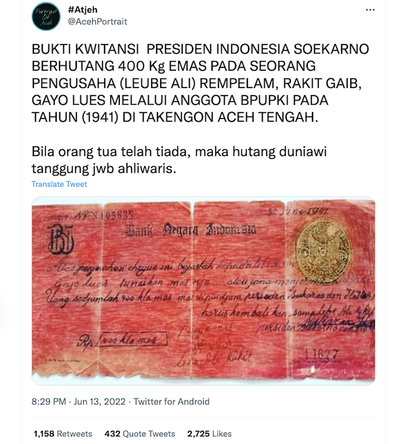 [Cek Fakta] Beredar Foto Kuitansi Utang Soekarno kepada Pengusaha Aceh? Ini Faktanya