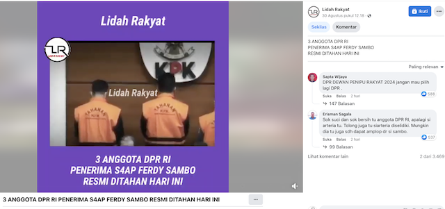 [Cek Fakta] Tiga Anggota DPR Ditangkap KPK karena Disuap Ferdy Sambo? Begini Faktanya
