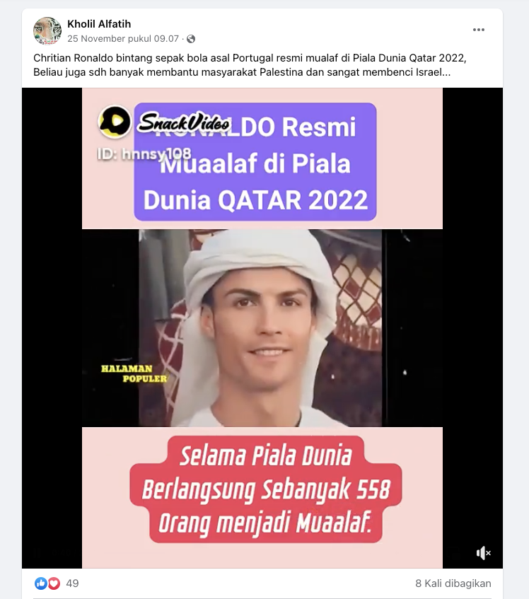 [Cek Fakta] Ronaldo Resmi Mualaf pada Piala Dunia Qatar 2022? Begini Faktanya