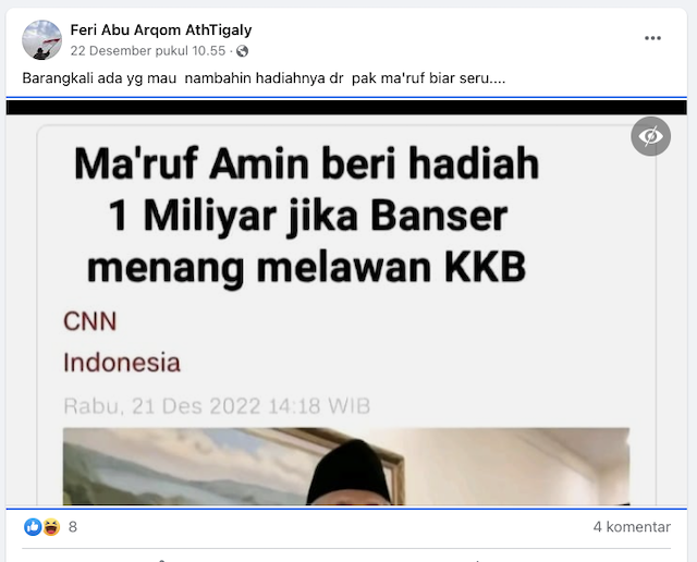 [Cek Fakta] Ma'ruf Amin Janji akan Beri Rp1 Miliar untuk Banser Jika Bisa Kalahkan KBB? Cek Faktanya