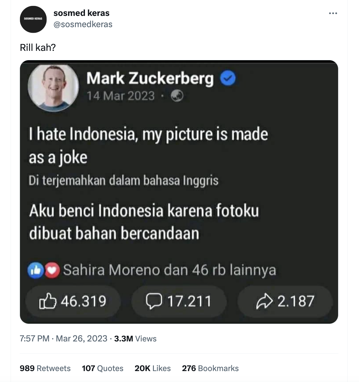 [Cek Fakta] Mark Zuckerberg Benci Indonesia karena Fotonya Sering Dijadikan Bahan Candaan?