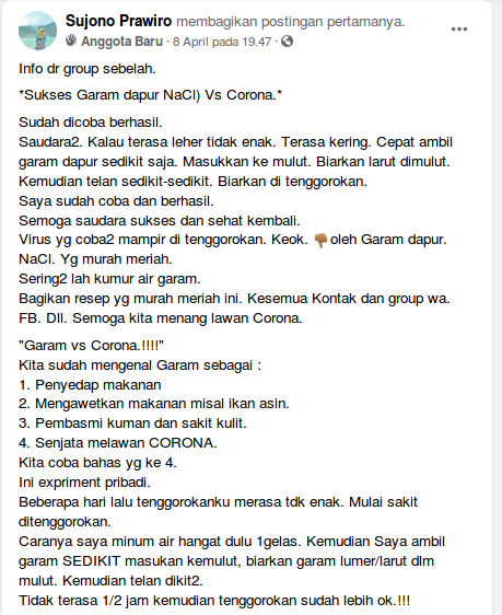 [Cek Fakta] Benarkah Garam Dapur Dapat Melawan Virus Korona? Ini Faktanya