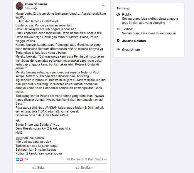 [Cek Fakta] Pesan Berantai Aksi Balas Dendam Pelaku Begal dan Geng Motor Viral, Ini Faktanya