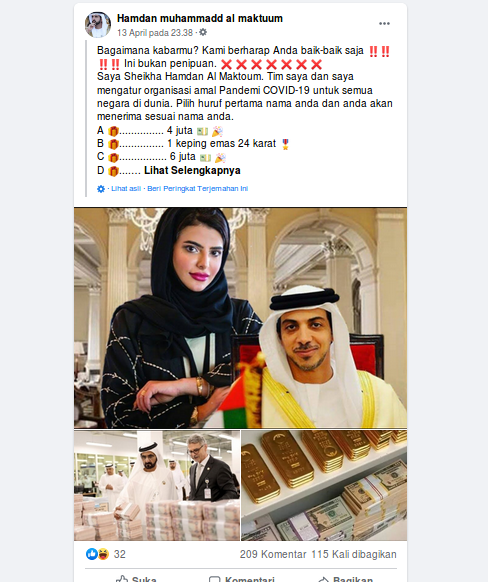 [Cek Fakta] Pangeran Dubai Bagi-Bagi Uang dan Kepingan Emas di Tengah Pendemi Covid-19? Ini Faktanya