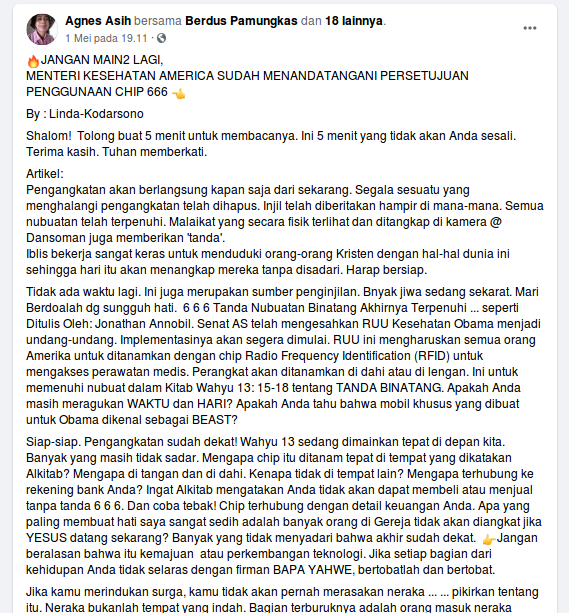 [Cek Fakta] AS Tanam <i>Chip</i> 666 ke Dalam Tubuh Warganya di Tengah Pandemi Covid-19? Ini Faktanya