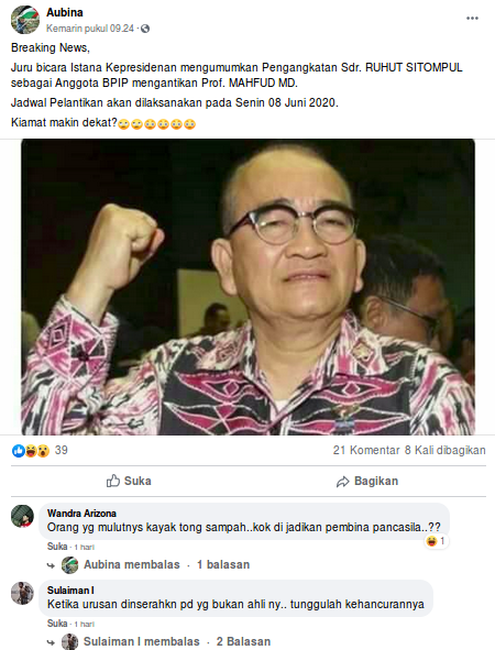 [Cek Fakta] Ruhut Sitompul Menggantikan Mahfud MD Menjadi Anggota BPIP? Ini Faktanya