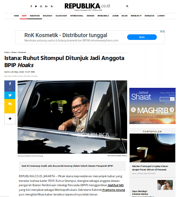 [Cek Fakta] Ruhut Sitompul Menggantikan Mahfud MD Menjadi Anggota BPIP? Ini Faktanya