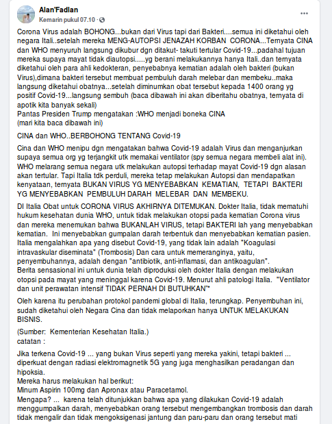 [Cek Fakta] Italia Buktikan Covid-19 bukan Virus Melainkan Bakteri? Simak Faktanya