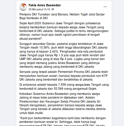 [Cek Fakta] Benarkah Ganjar Pranowo Ingkar Janji Berikan Bansos untuk Perantau Jateng di Jakarta? Ini Faktanya