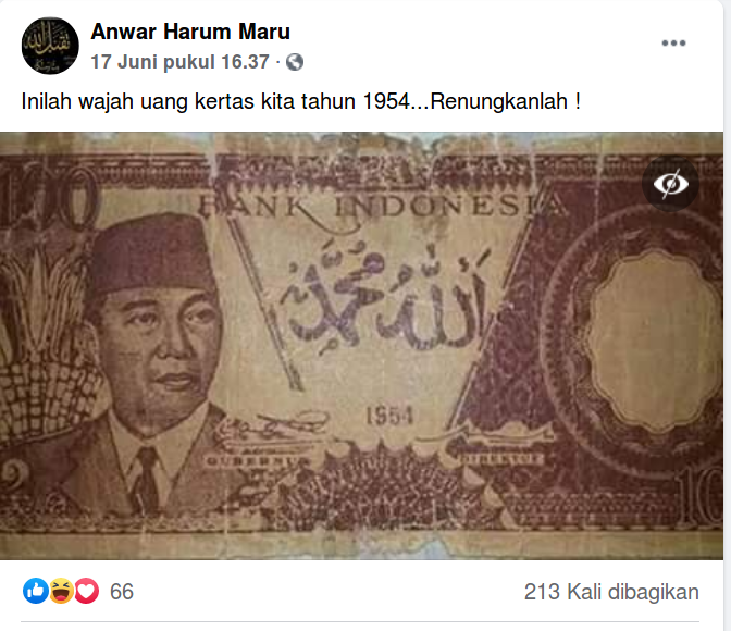 [Cek Fakta] Uang Kertas Pecahan 100 Rupiah Tahun 1954 Memuat Tulisan Arab? Cek Faktanya