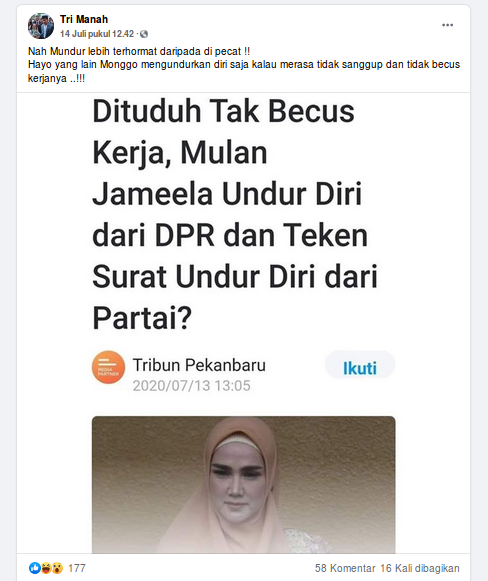 [Cek Fakta] Beredar Kabar Mulan Jameela Mundur dari Anggota DPR? Ini Faktanya