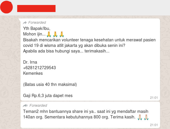 [Cek Fakta] Rekrutmen Volunter Penanganan Pasien Covid-19 Melalui Dokter Irna dari Kemenkes? Hoaks