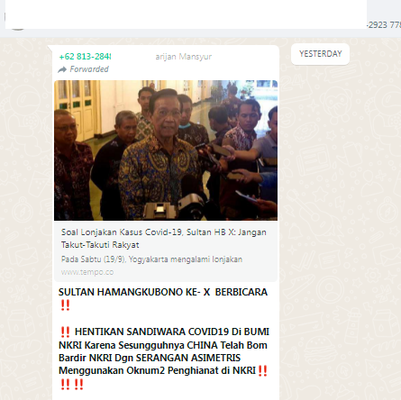 [Cek Fakta] Lagi, Beredar Hoaks Sultan Hamengku Buwono X Sebut Covid-19 Sandiwara? Ini Faktanya