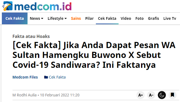 [Cek Fakta] Lagi, Beredar Hoaks Sultan Hamengku Buwono X Sebut Covid-19 Sandiwara? Ini Faktanya