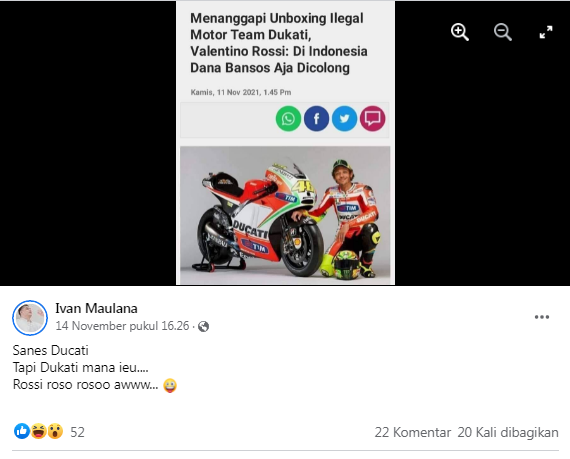 [Cek Fakta] Valentino Rossi Tanggapi <i>Unboxing</i> Ilegal Motor Tim Ducati dan Sebut Dana Bansos Indonesia Dicolong? Ini Faktanya