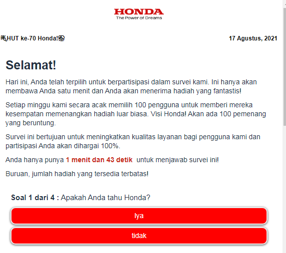 [Cek Fakta] Beredar Link Survei Berhadiah HUT ke-70 Honda? Ini Faktanya