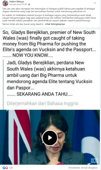 [Cek Fakta] Mantan Pejabat Australia Ini Ketahuan Terima Uang dari Perusahaan Farmasi Paksa Vaksinasi? Simak Faktanya