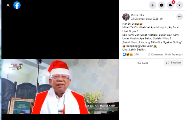 [Cek Fakta] Video Wapres Ma'ruf Amin Berbaju Sinterklas Ucapkan Selamat Natal? Ini Faktanya