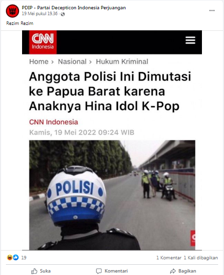 [Cek Fakta] Anggota Polisi Ini Dimutasi ke Papua Barat karena Anaknya Hina Idol K-Pop? Simak Faktanya
