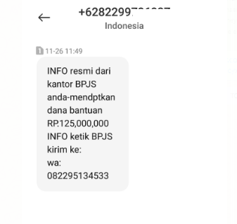 [Cek Fakta] Beredar Pesan Singkat BPJS Berikan Dana Bantuan Rp125 Juta? Ini Faktanya
