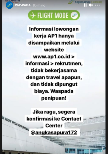 [Cek Fakta] Lowongan Kerja PT Angkasa Pura I dengan Gaji Rp6,2 Juta? Ini Faktanya