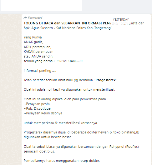 [Cek Fakta] Beredar Obat Progesterex Modus Baru Pelaku Kejahatan Seksual? Ini Faktanya