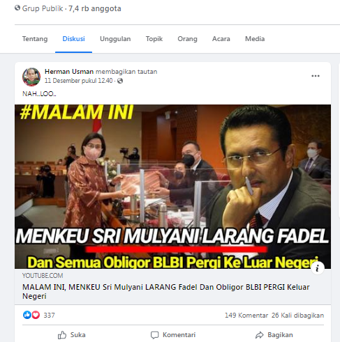 [Cek Fakta] Menkeu Sri Mulyani Larang Fadel Muhammad ke Luar Negeri? Ini Faktanya