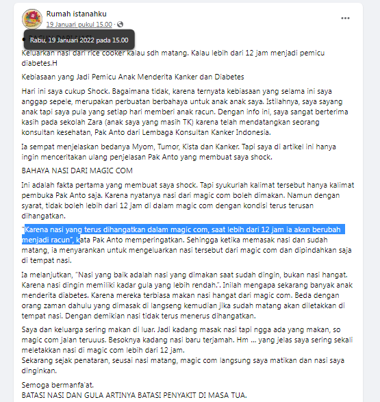[Cek Fakta] Nasi yang Dihangatkan lebih dari 12 Jam di <i>Magic Com</i> Berubah jadi Racun? Ini Faktanya