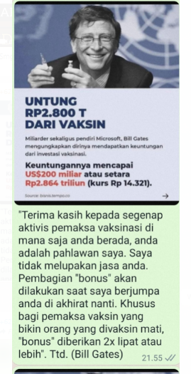 [Cek Fakta] Bill Gates Untung Rp2.800 T dari Vaksin Covid-19? Ini Faktanya