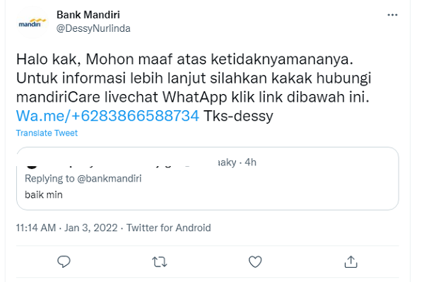 [Cek Fakta] Beredar Akun Twitter dan Nomor WA <i>Ngaku</i> dari Bank Mandiri? Ini Faktanya
